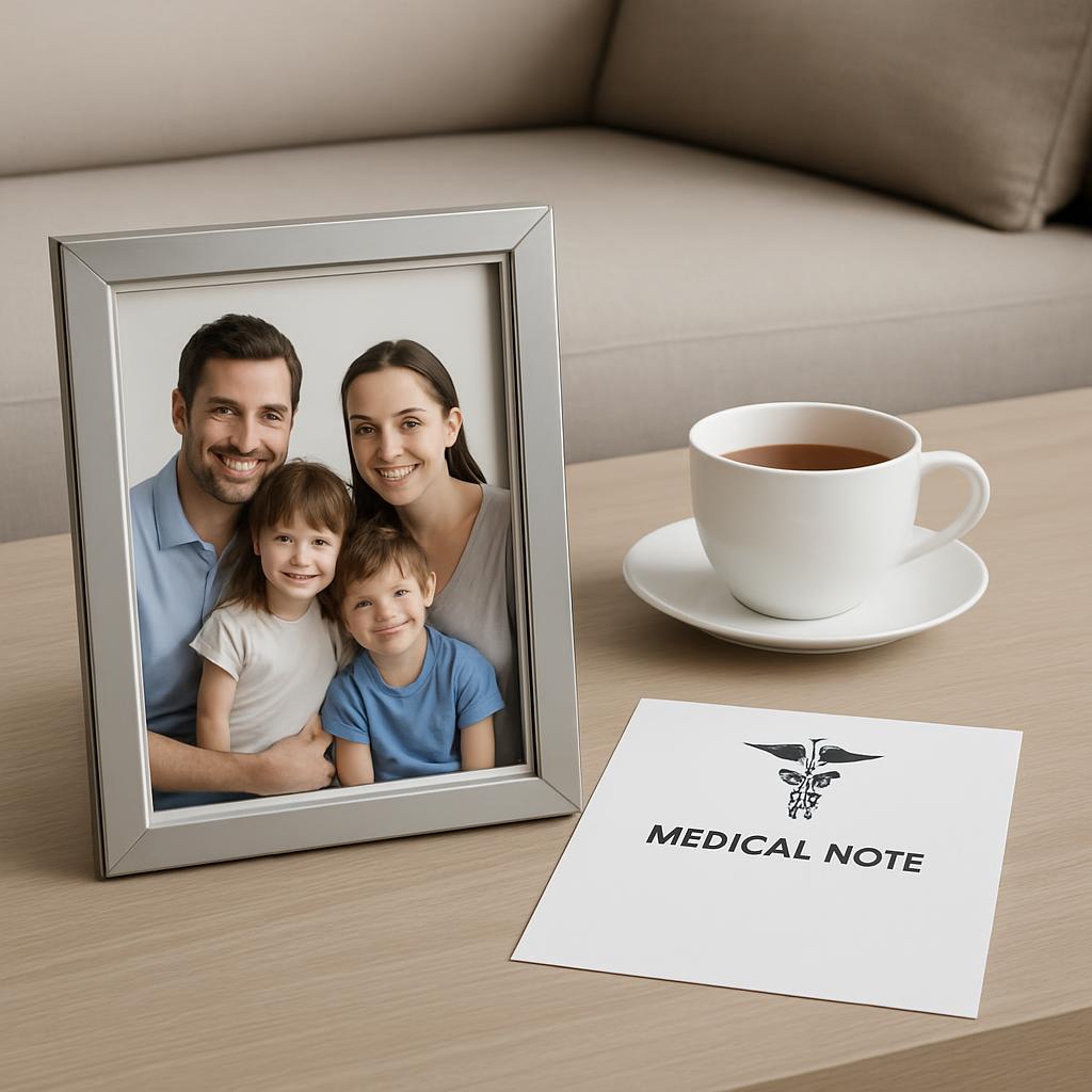 A photo frame holding a picture of a family, a medical note, and a cup of coffee on a table sitting in front of a couch.