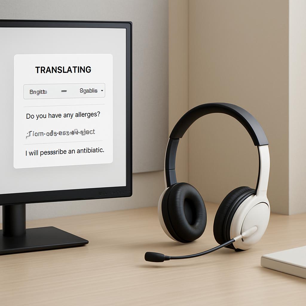 Screen displaying translational software, wheeled headset to the side, on a desktop computer.