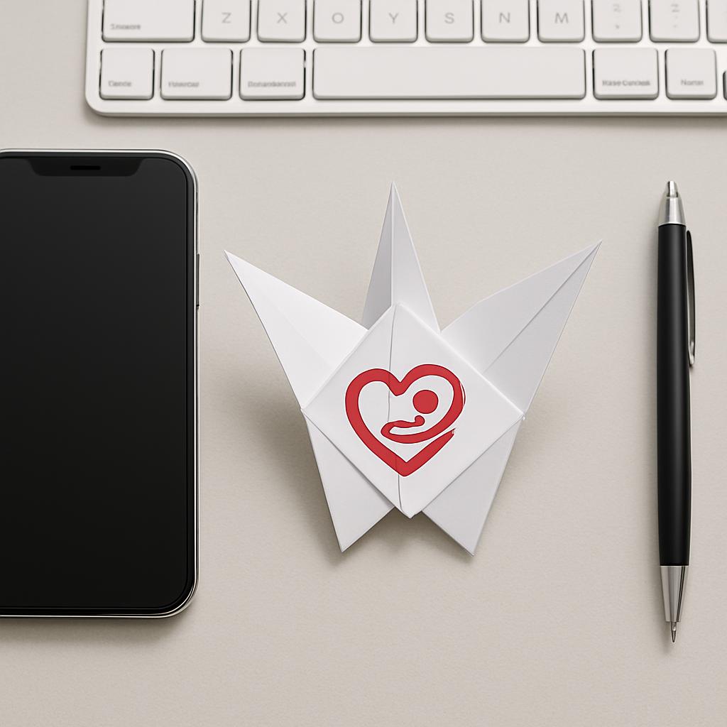 Smartphone Displaying An Origami Design With A Parent/Hospital/Heart Logo