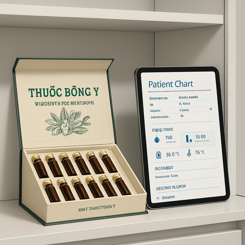 The image depicts a shelf with a tablet displaying a patient chart and a box containing capsules. The tablet is positioned...